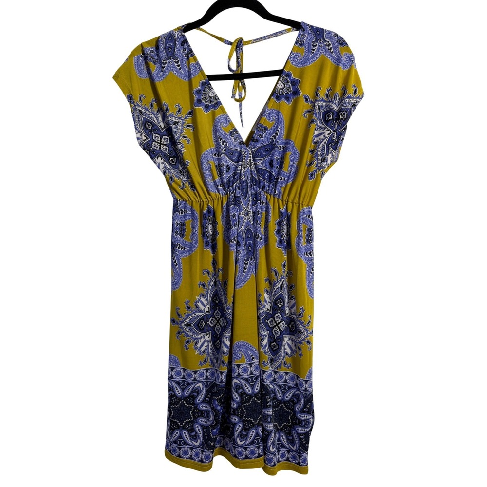 Funky People Paisley Mini Dress Womens Medium‎ Blue Green Boho Empire Waist Tie